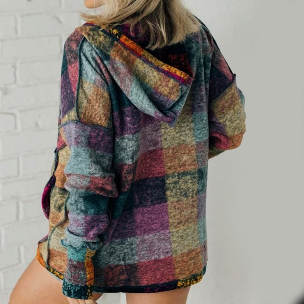 Bibi Brushed Plaid Buttoned Pullover Oversized Ho… - image 2